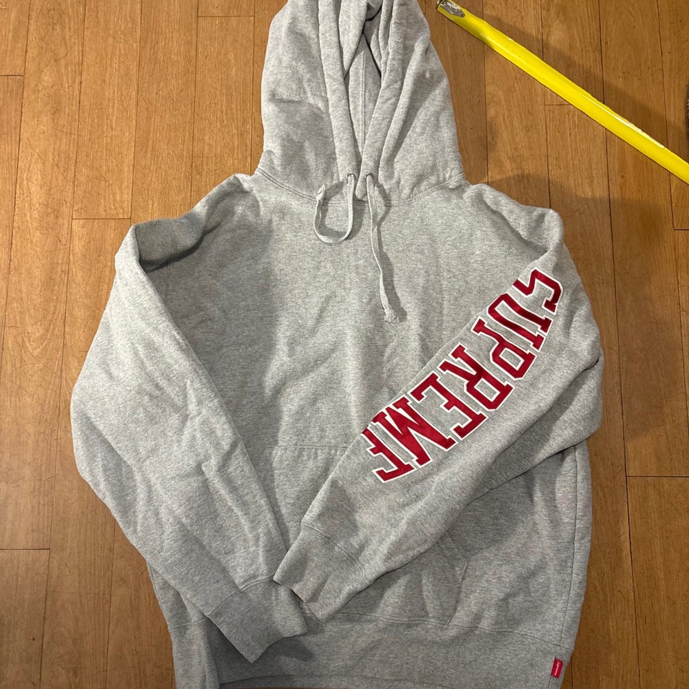 Supreme Heather Grey Sleeve Logo Hooded Sweatshirt Red Tackle Twill Hoodie